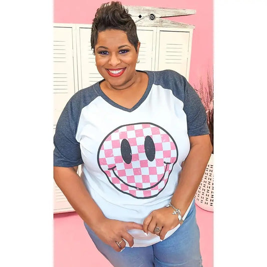 Checkerboard Smiley Graphic V-Neck