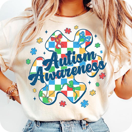 Checkered Autism Coquette T- Shirt, Autism Awareness T- Shirt, Autism T- Shirt, Autism Coquette Bow Tee, Neurodiversity Tee, Autism Mama Comfort Colors T- Shirt