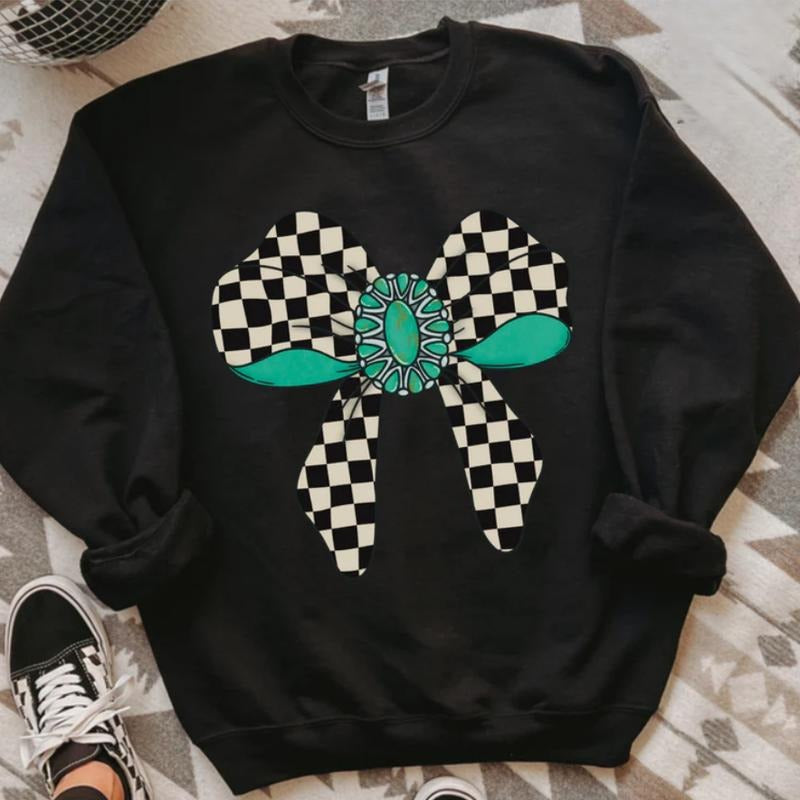Checkered Bow Crewneck vintage sweatshirts, cowgirl outfits, western outfits women clothing, country western girl tops stuff shirt hoodie
