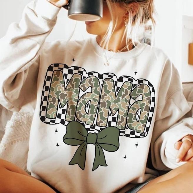 Checkered Camo Mama Coquette Bow Sweatshirt, Retro Camo Mama Tee, Camouflage Mama, Camoflage Mom Gift, Mother's Day Gift