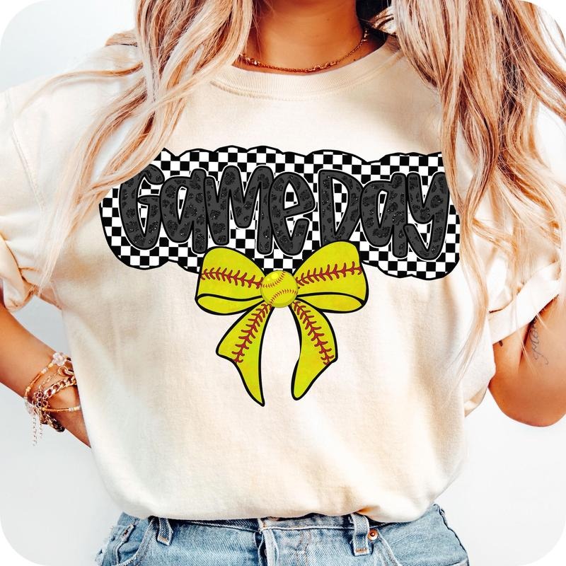 Checkered Game Day Softball Bow T-Shirt, Retro softball T-Shirt, Softball Mama T-Shirt, Softball Mom T-Shirt, Softball Coquette T-Shirt