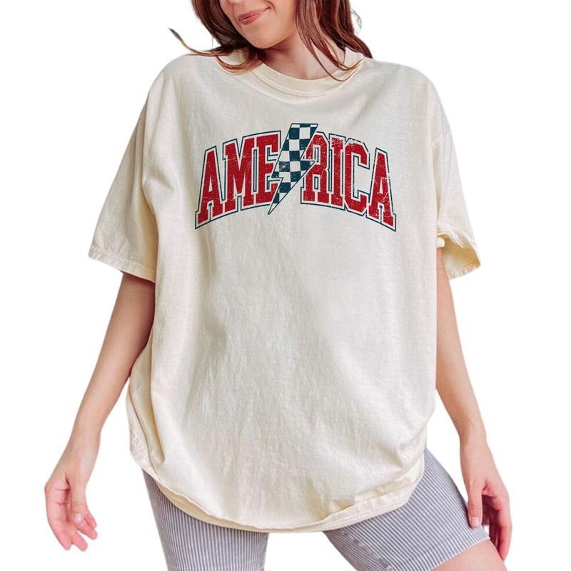 Checkered Lightning Bolt America Shirt, Independence Day Shirt, 4th of July Tee, Retro America Gift For Women, Vintage USA Flag Shirts, Red And Blue Comfort Shirt, Patriotic T-Shirt, Women's Tops Womenswear Cotton Fabric Relaxed Fit