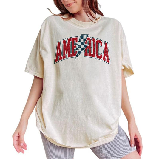 Checkered Lightning Bolt America Shirt, Independence Day Shirt, 4th of July Tee, Retro America Gift For Women, Vintage USA Flag Shirts, Red And Blue Comfort Shirt, Patriotic T-Shirt, Women's Tops Womenswear Cotton Fabric Relaxed Fit