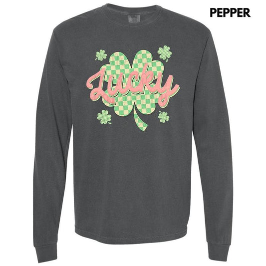 Checkered Lucky Shamrock Long Sleeve Comfort Colors T-Shirt