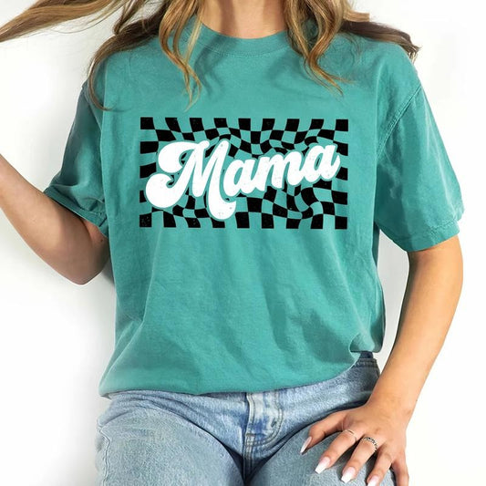 Checkered Mama Shirt, Retro Mama T-shirt, Checkered Patches Graphic Printed Tee, Vintage Distressed Checkered Soft Fabric Short Sleeve Tee, Comfort Shirt For Mom, Mother's Day Gifts, Women's Tops, Womenswear, Cotton Fabric Relaxed Fit Chic Style