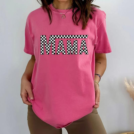 Checkered Mama Shirt, Vintage Mama Tee, Mom Life Graphic Printed Short Sleeve, Cotton Fabric Comforts Shirt For Women, Women's Tops, Mother's Day Gift, Mom Birthday's Gift, Womenswear, Cotton Fabric Relaxed Fit Chic Style