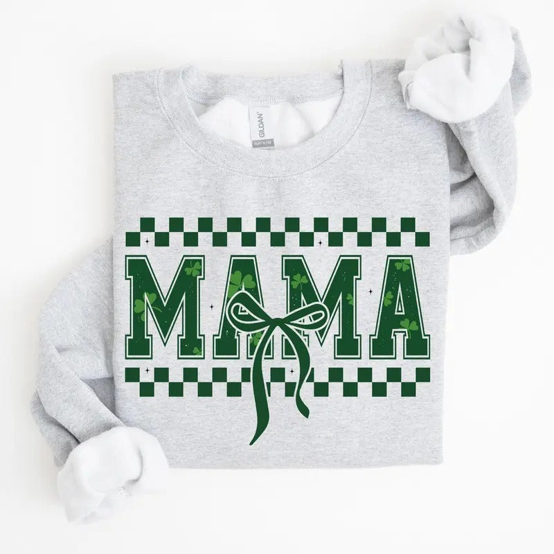 Checkered Mama, Vintage, St. Paddy's Day, Bow, Clover, Shamrock, Lucky, Irish, Lucky Charm, St Patrick's Day Sweatshirt, Crew Neck, Women's, Crewneck