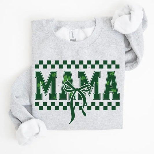 Checkered Mama, Vintage, St. Paddy's Day, Bow, Clover, Shamrock, Lucky, Irish, Lucky Charm, St Patrick's Day Sweatshirt, Crew Neck, Women's, Crewneck