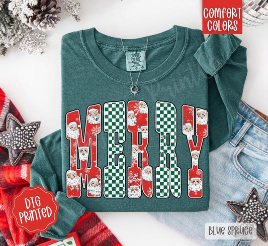 Checkered Merry Comfort Colors Long Sleeve T-Shirt, Cute Women's Christmas Tee