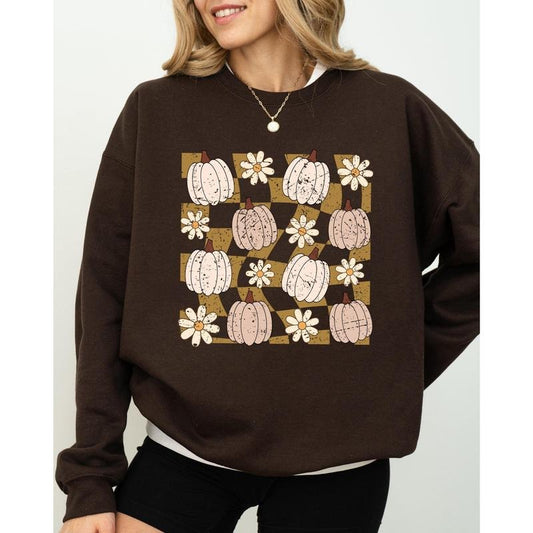 Checkered Pumpkins, Daisies, Flowers, Cute, Retro, Hippie, Positivity, Halloween, Autumn, Fall Sweatshirt