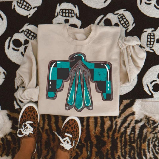 Checkered Thunderbird Sweatshirt, Graphic Crewneck Sweatshirt, cowgirl outfits, western clothing, western tops outfits women, country concert outfits clothing, rodeo outfit women shirt hoodie