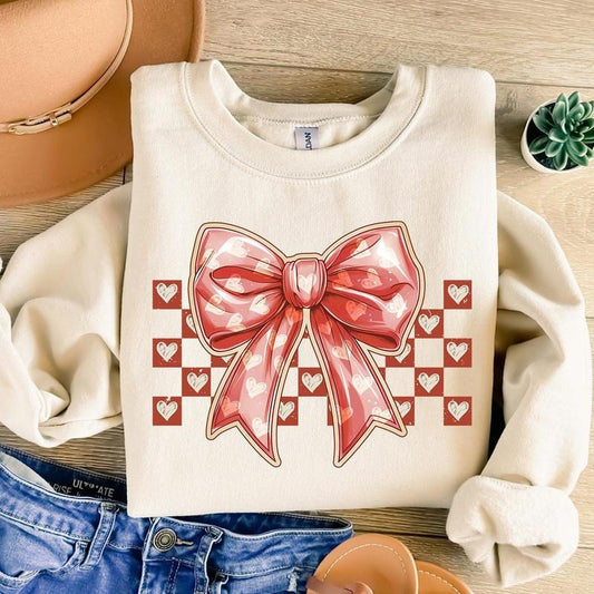 Checkered Valentine's day Heart Coquette Bow Sweat, Retro Valentine Design, Love Sweat, XoXo Sweat, Girls Valentine Sweat, Valentine Heart Sweat