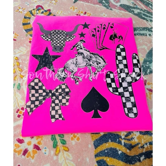 Checkered Western Collage T shirt  | Neon Pink comfort colors T shirt top