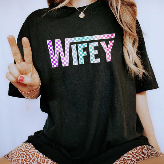 Checkered Wifey Tee, Newlywed Graphic Tee Women, Wedding Gift Shirt, Bridal Shower Gift Tee, Bride Bachelorette Party Outfits, Gift For Wife, Women's Top, Womenswear, Cotton Fabric Relaxed Fit Chic Style