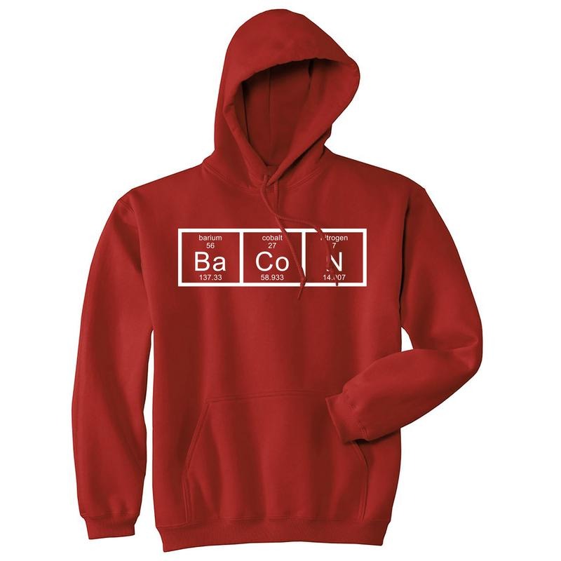 Chemistry of Bacon Hoodie Nerdy Periodic Element Breakfast Funny Sweatshirt Funny Hoodies Food Hoodie Funny Science Pullover Novelty Sweatshirt Red