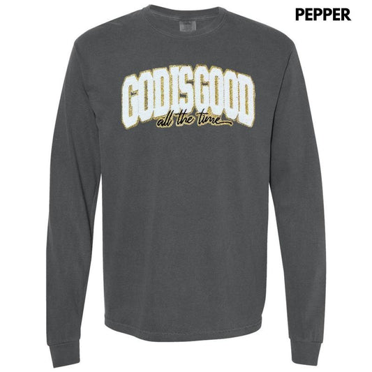 Chenille God Is Good Patch Long Sleeve Comfort Colors T-Shirt