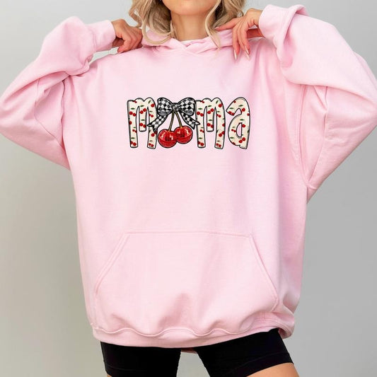 Cherry Bow Coquette Mama Hoodie, Coquette Cherry  Mama Graphic Hoodies, Checkered Bow Cherries Mom Hoodie, Gift For Mom, Mother's Day Gifts