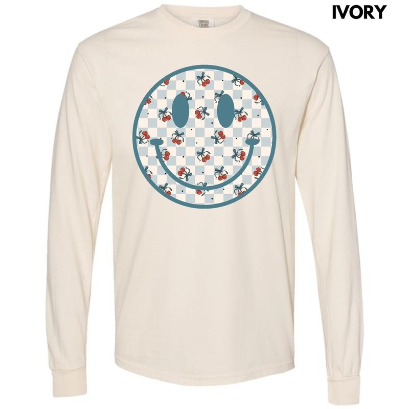 Cherry Checkered Happy Face Long Sleeve Comfort Colors T-Shirt 'NLB'