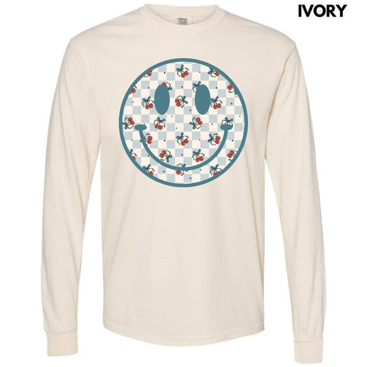 Cherry Checkered Happy Face Long Sleeve Comfort Colors T-Shirt 'NLB'