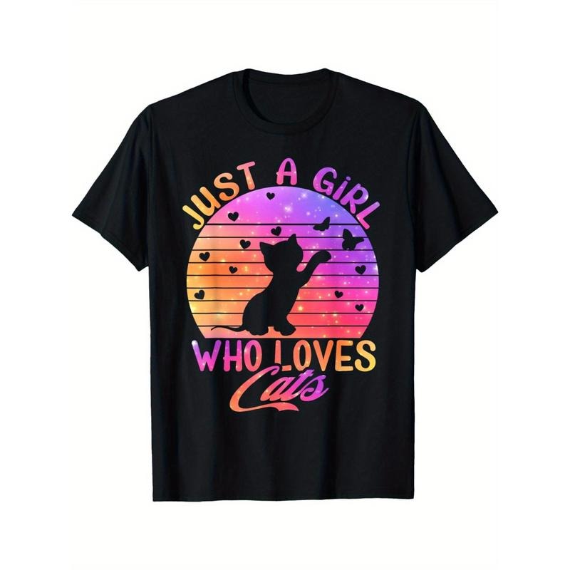 Chic 'Just A Girl Who Loves Cats' Cotton T-Shirt for Women - Comfy, Breathable & Stretchy with Geometric Print Made in USA