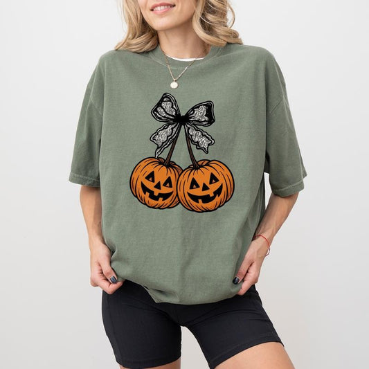 ChicCotton Coquette Pumpkin Cherries Comfort Colors Shirt, Lace Bow Halloween Pumpkin T-shirt, Pumpkin Season Graphic Tee, Spooky Season Clothing