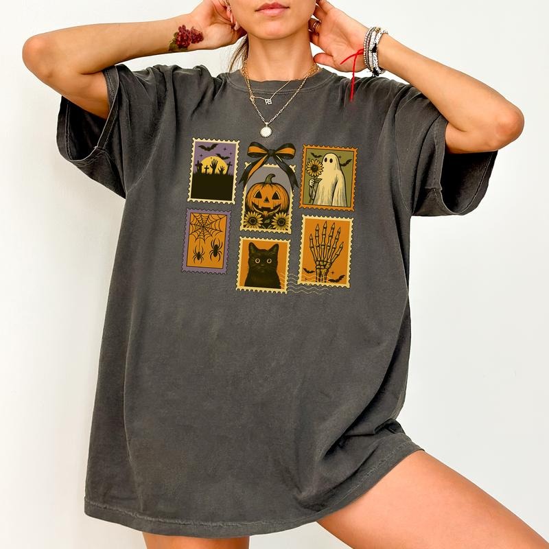 ChicCotton Coquette Spooky Comfort Colors Shirt, Halloween Stamp T-shirt, Pumpkin Graphic Tee, Cute Ghost Clothing, Floral Spooky Outfits