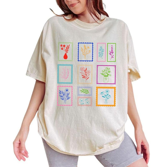 ChicCotton Flower Postage Stamps Comfort Colors Shirt, Coquette T-shirt, Wildflower Graphic Tee, Floral Clothing, Gifts For Girl, Summer Gifts
