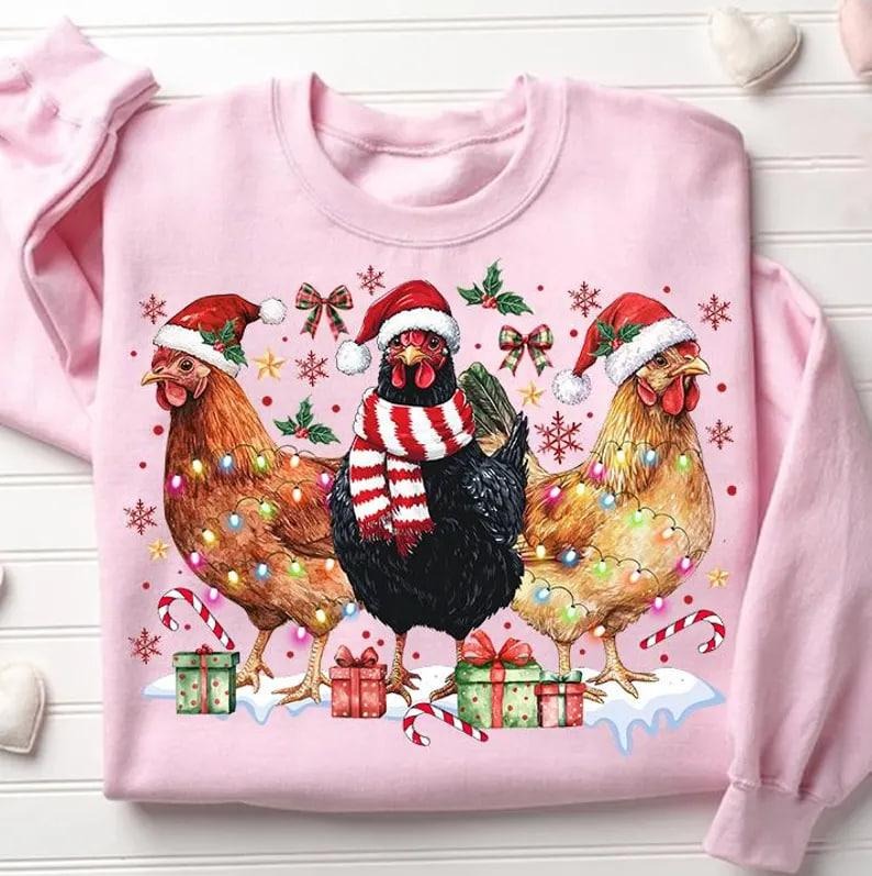 Chicken Christmas Coquette Sweatshirt, Christmas Chicken Coquette Bow Sweatshirt, Christmas Farm Sweatshirt, Trendy Chicken Christmas Sweatshirt, Chicken Mom Lover