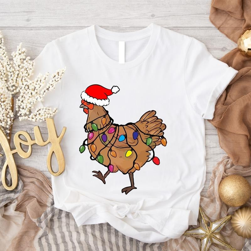 Chicken Christmas Lights Shirt, Farm Animal T-shirt, Funny Animal Shirt, Farmer Gift Tee For Christmas, Chicken Lover Holiday Short Sleeve, Chicken Lover Gift Tee.
