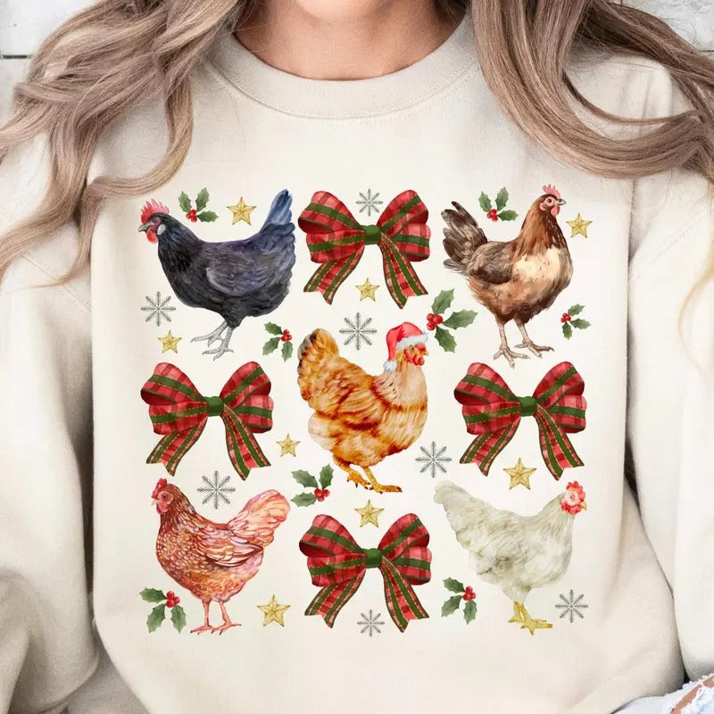 Chicken Christmas Sweatshirt, Christmas Chicken Coquette Bow Tee, Christmas Farm, Trendy Chicken Christmas, Chicken Mom Lover, Full Sizes, Full Colors