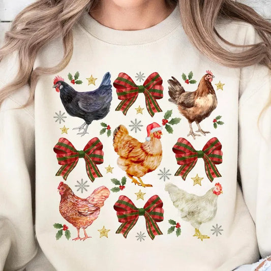 Chicken Christmas Sweatshirt, Christmas Chicken Coquette Bow Tee, Christmas Farm, Trendy Chicken Christmas, Chicken Mom Lover, Full Sizes, Full Colors