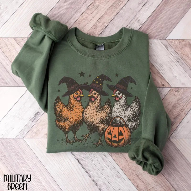 Chicken Funny Halloween Sweatshirt, Chicken Witch Crewneck, Chicken Lover Halloween Gift for Farmer, Funny Halloween Shirt