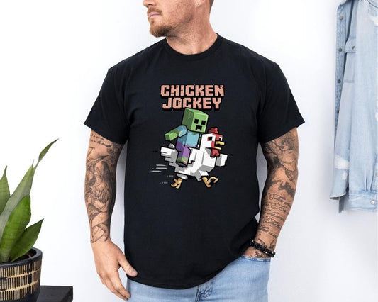 Chicken Jockey Pixel Art Shirt, Funny Zombie Gamer Tee, Retro Gaming, Undead Humor, Convention Streamer Shirt