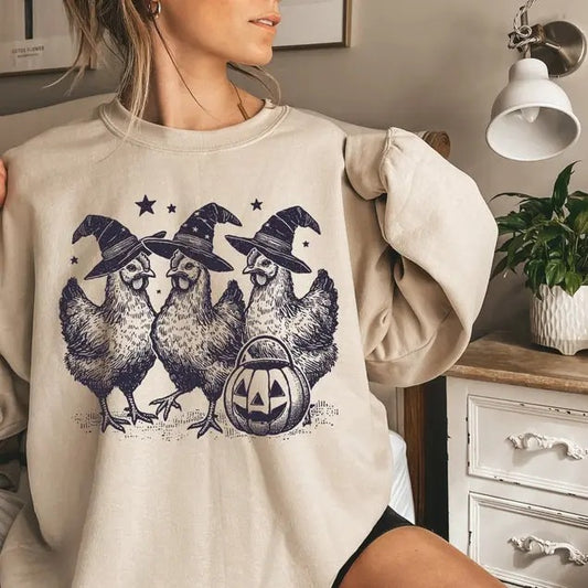 Chicken Witches Funny Halloween Sweatshirt, Funny Women Halloween Gift, Funny Halloween Tee Womenswear Check Hoodie T-Shirt Lady Comfort Sweaters Tops