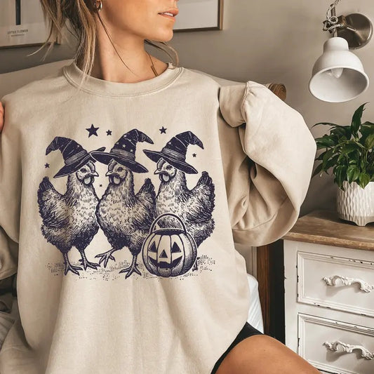 Chicken Witches Funny Halloween Sweatshirt, Vintage Chicken Witch Sweater, Funny Women Halloween Gift, Funny Halloween Tee