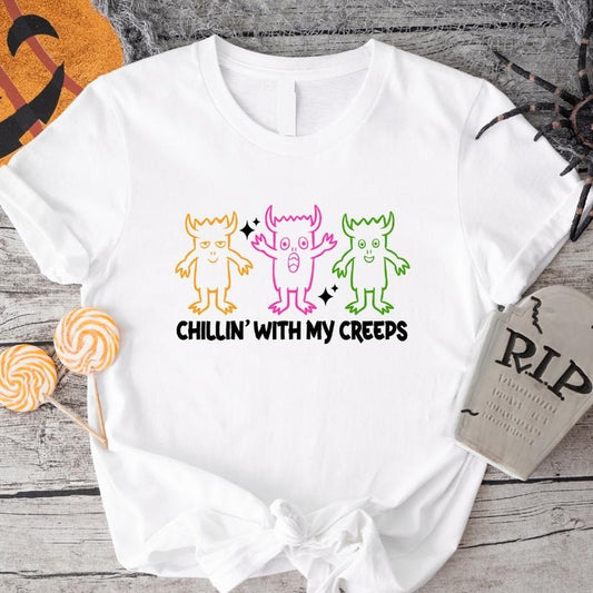Chillin' With My Creeps T-Shirt, Unisex Halloween Vibes Shirt, Funny Boo Tee, Spooky Season Gift Tee