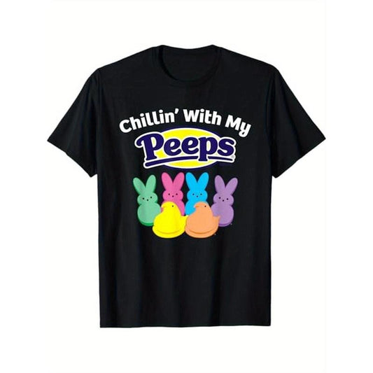 Chillin' with My Peeps Black Easter T-Shirt - Soft 100% Crew Neck, Short Sleeve, Fun Bunny Graphic, Perfect for Spring & Summer Gifts for Men, Women, Family & Friends made in usa