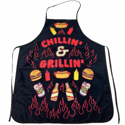 Chillin and Grillin Apron Funny Backyard Summer BBQ Kitchen Smock Funny Graphic Kitchenwear Funny Food  Novelty Cookware Black
