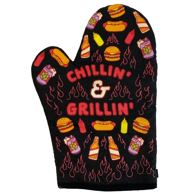 Chillin and Grillin Oven Mitt Funny Backyard BBQ Cookout Beer Kitchen Glove Funny Graphic Kitchenwear Funny Food  Novelty Cookware Black