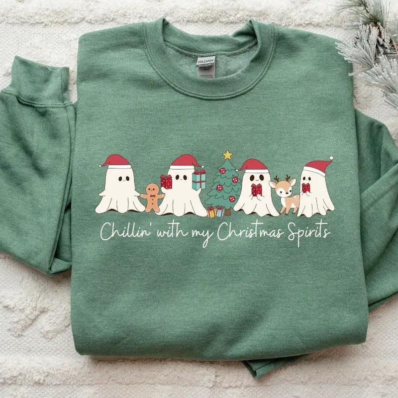 Chillin with my Christmas Spirits Sweatshirt, Christmas Ghosts Sweatshirt, Christmas Sweater, Comfort Colors Printed T-Shirt, Cute Christmas Shirt, Full Color Print