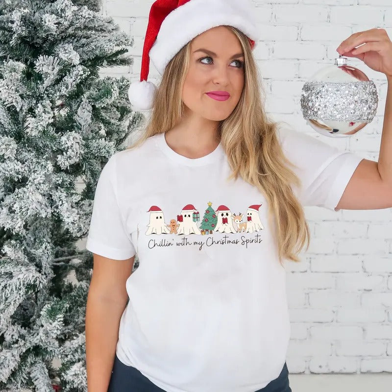 Chilling with My Xmas Spirits Sweatshirt, Funny Christmas Ghosts Shirt, Funny Tee, Christmas Vibes Shirt, Merry Christmas Ghost Shirt