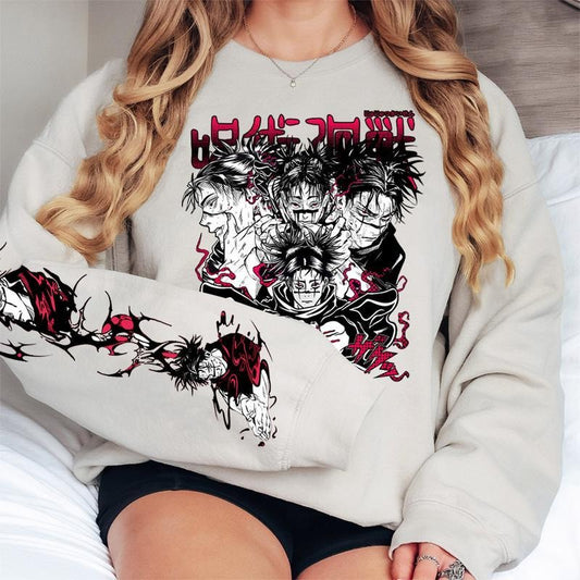 Choso JJK Graphic Crewneck Sweatshirt - Beige with Tokyo Team Jujutsu Kaisen Characters, Casual Design, Casual Cotton Style