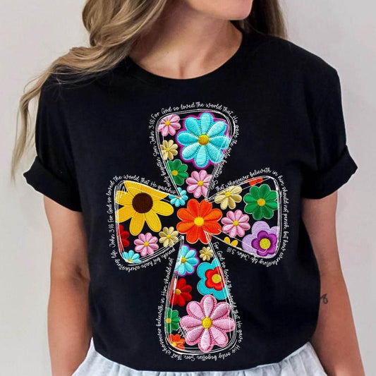 Christian Easter Spring Floral Embroidered Tee Shirt, Loved The World Easter, Floral Cross Tee Shirt, Jesus Easter Shirt, Bible Vers, Gifts For Women, Spring Easter Shirt, Easter Gifts, Short Sleeve Tops Tee Shirt Fit Unisex