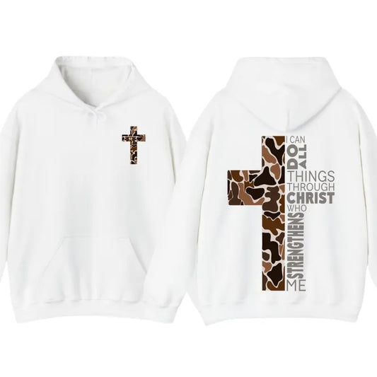 Christian Hoodie - Camo Cross Design with Philippians 4:13 Verse, Perfect for Faithful Believers and Outdoorsmen, Cozy Hoodie for Everyday Comfort