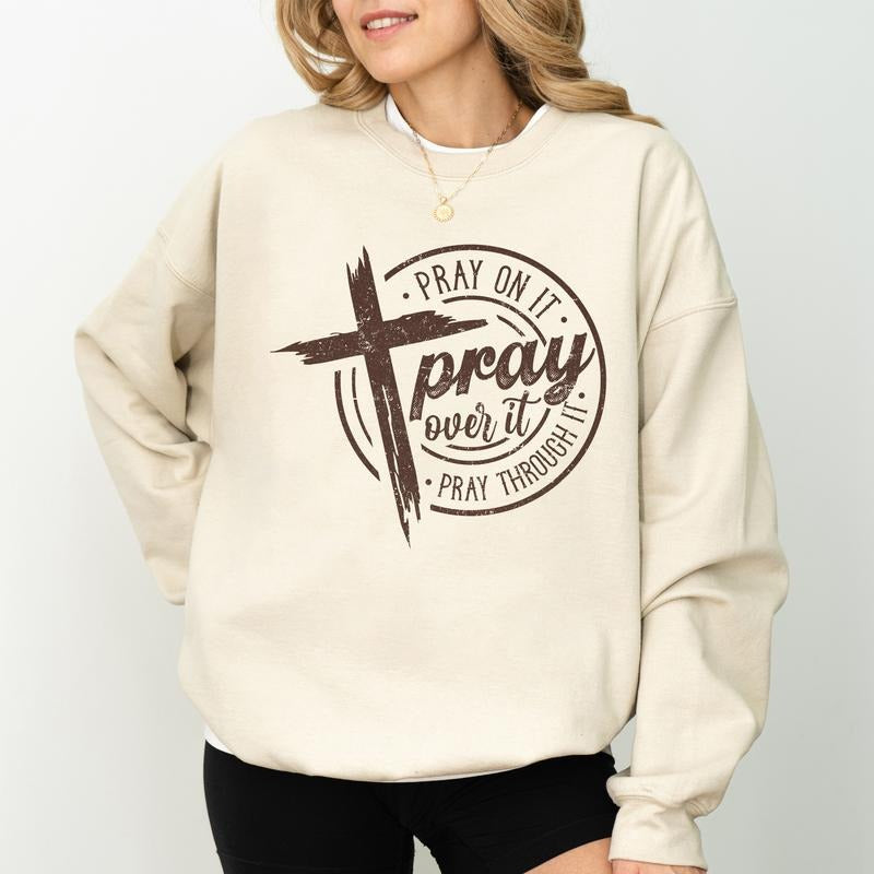 Christian Pray Sweatshirt, Pray On It Crewneck, Christian Cross Sweaters for Women, Bible Verse Sweatshirt, Faith Based Pullover, Jesus Apparel, Religious Gift Ideas for Girls, Long Sleeve Womenswear