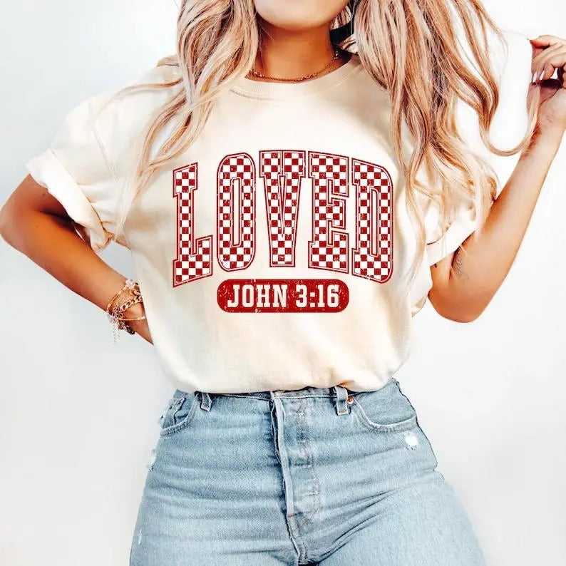 Christian Valentines Png, Loved John 3:16 Png, Retro Valentine Png, Valentines Day Png, Bible Verse Png, XOXO Png, Checkered Varsity Png