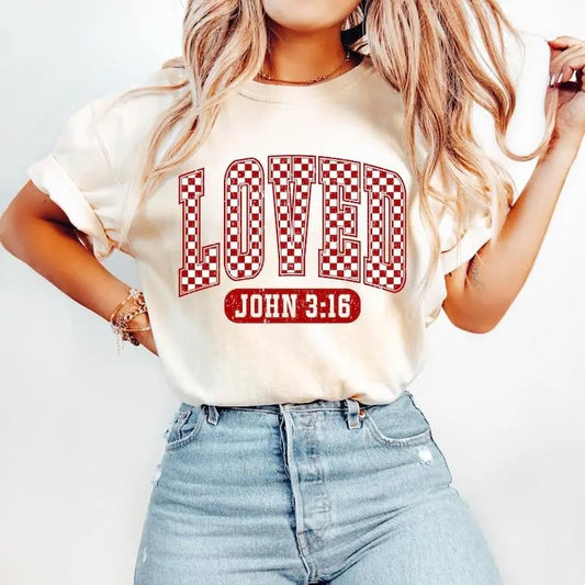 Christian Valentines Png, Loved John 3:16 Png, Retro Valentine Png, Valentines Day Png, Bible Verse Png, XOXO Png, Checkered Varsity Png
