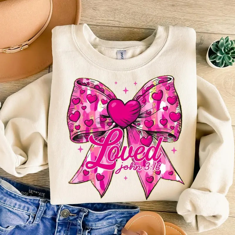 Christian Valentines Sweatshirt, Loved John 3:16 Sweatshirt, Retro Valentine Shirt, Pink Valentines Coquette Heart Sweatshirt