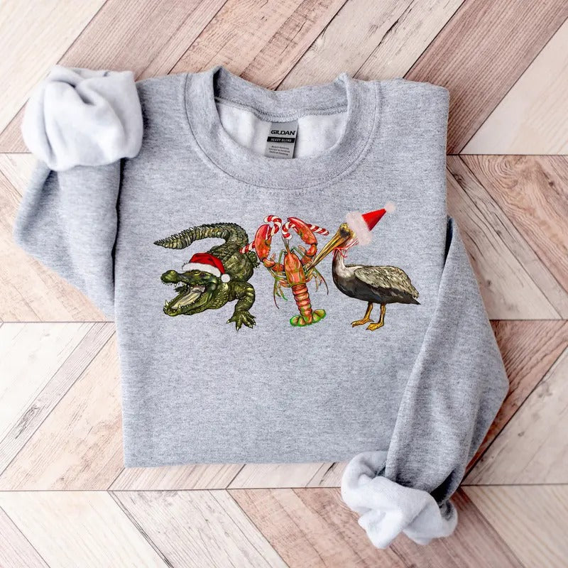 Christmas Alligator Pelican Crawfish Sweatshirt, Holiday New Year Shirt, Christmas Gift, Animal Lover Shirt Casual Classic Collar Cotton