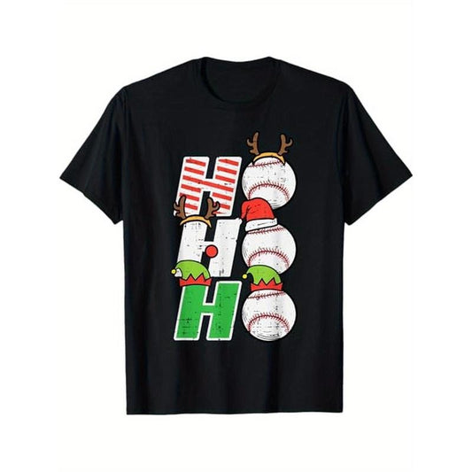 Christmas Baseball Ho Ho Ho Funny Xmas Sports T-Shirt. 100% Cotton, Christmas Gift for Family and Friends, Black T-Shirt, S - XXXL made in usa